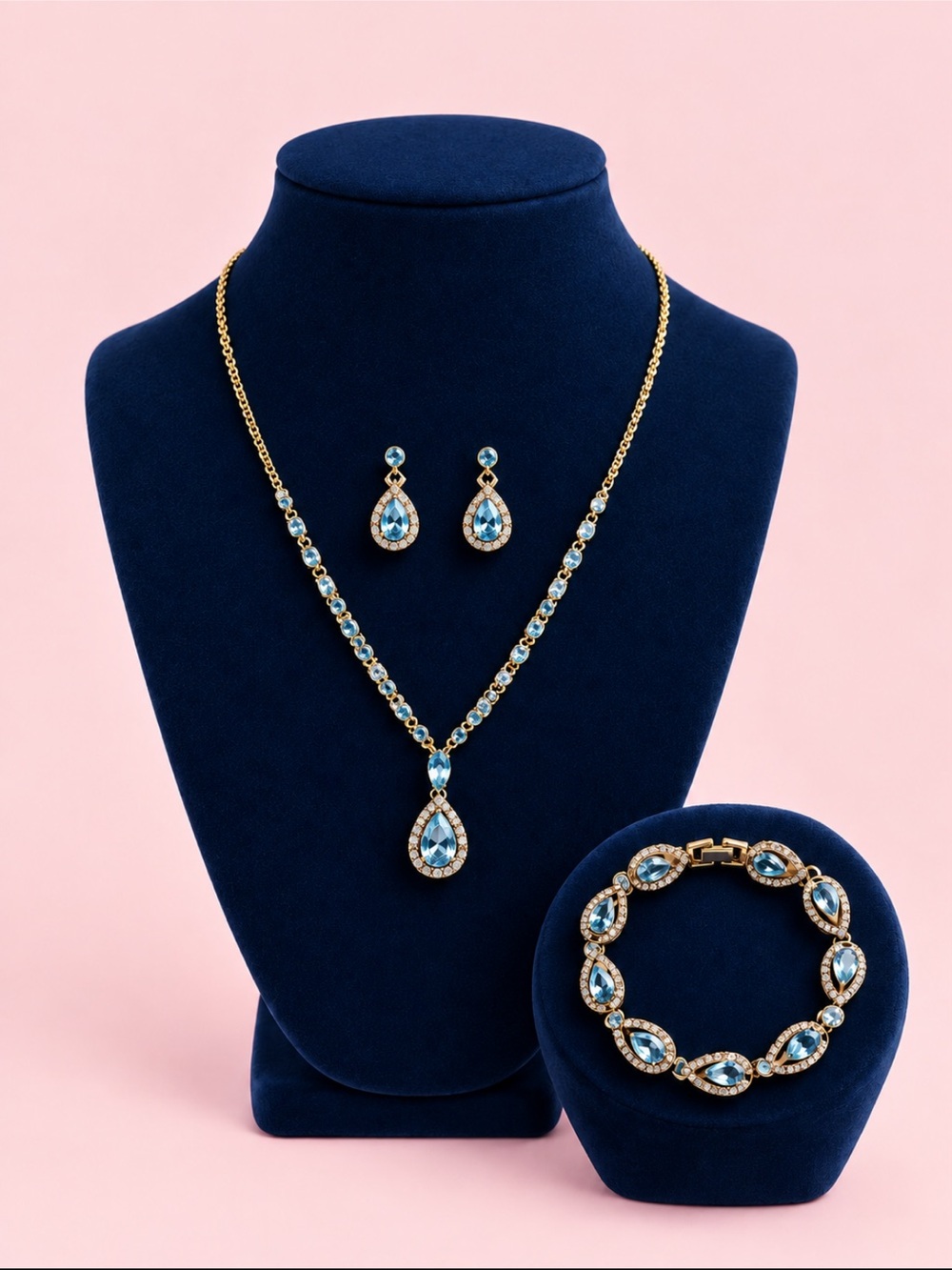 Gold-Color Blue Teardrop Crystal Jewelry Set